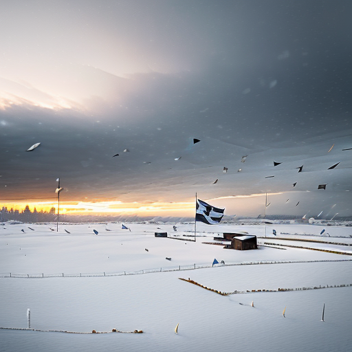 Coin and Snow, in the heart of a war-ravaged Panem, white flags of truce raised high against the backdrop of a smoky, dawn sky, with a weary but hopeful crowd witnessing this seminal moment of peace.